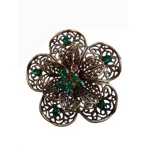 Vintage Gold-Tone Filigree Flower Brooch Green Rhinestones St Patricks Day Gift